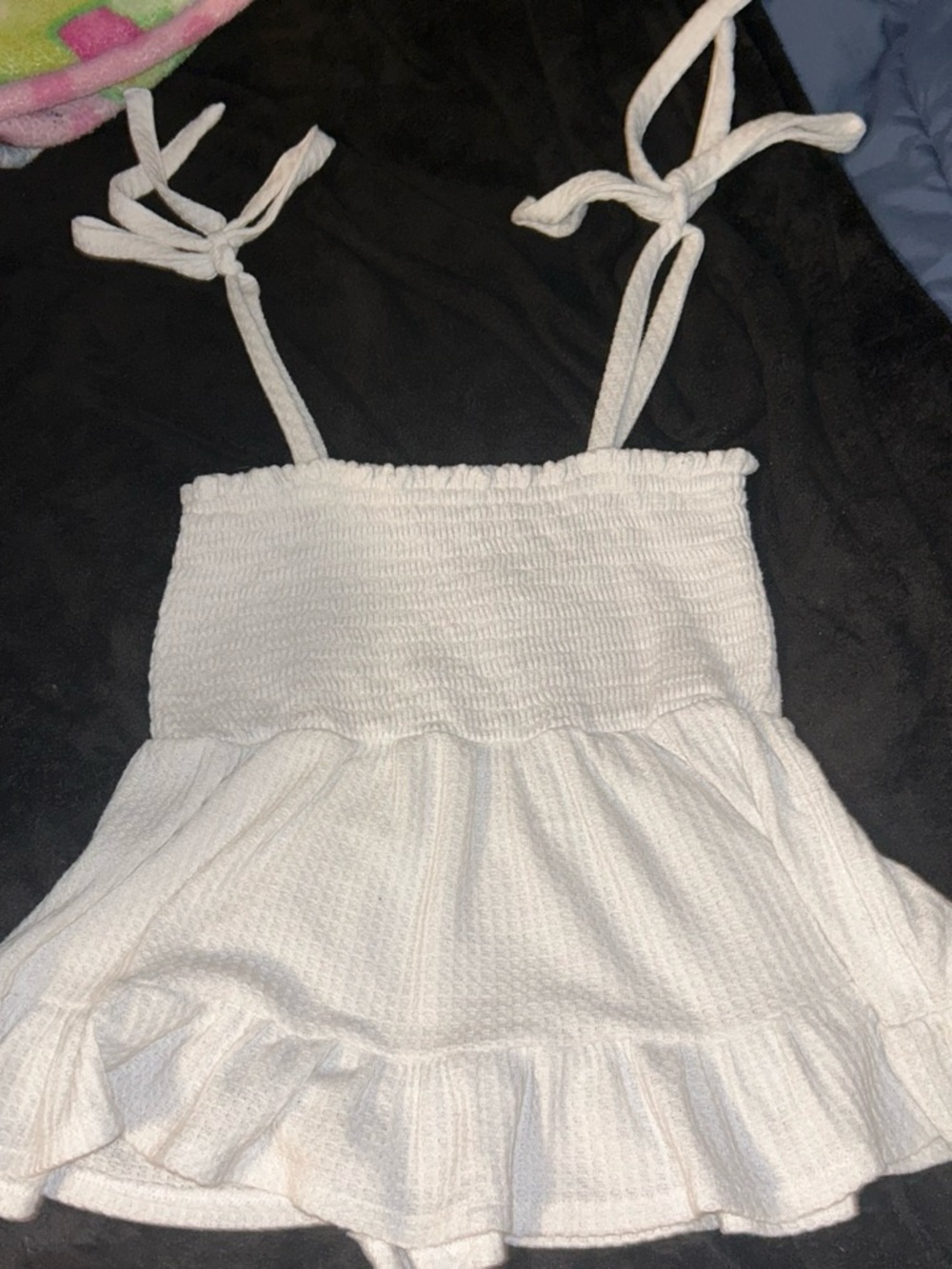 Paper Crane White Smocked Tie-Strap Ruffle Tank